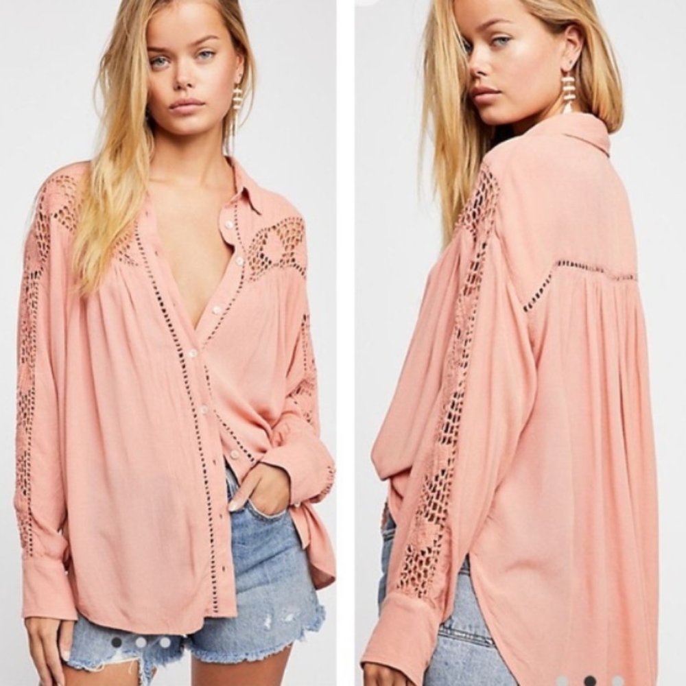 Free People "Katie Bird" Peach Pink Crochet Trim Button-Down Top - Picture 1 of 15